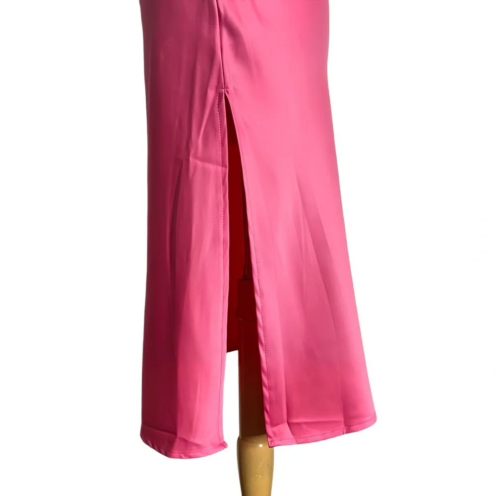 Glam Hot Pink Satin Slip Midi Dress Ruched Barbiecore Cocktail Party Womens S - Picture 8 of 11